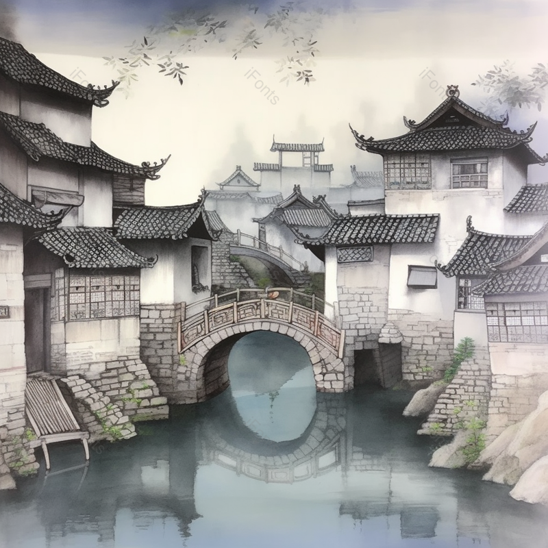 中国风小桥流水城镇插画背景,插画/手绘图,插画/手绘图库,插画/手绘图下载,插画/手绘